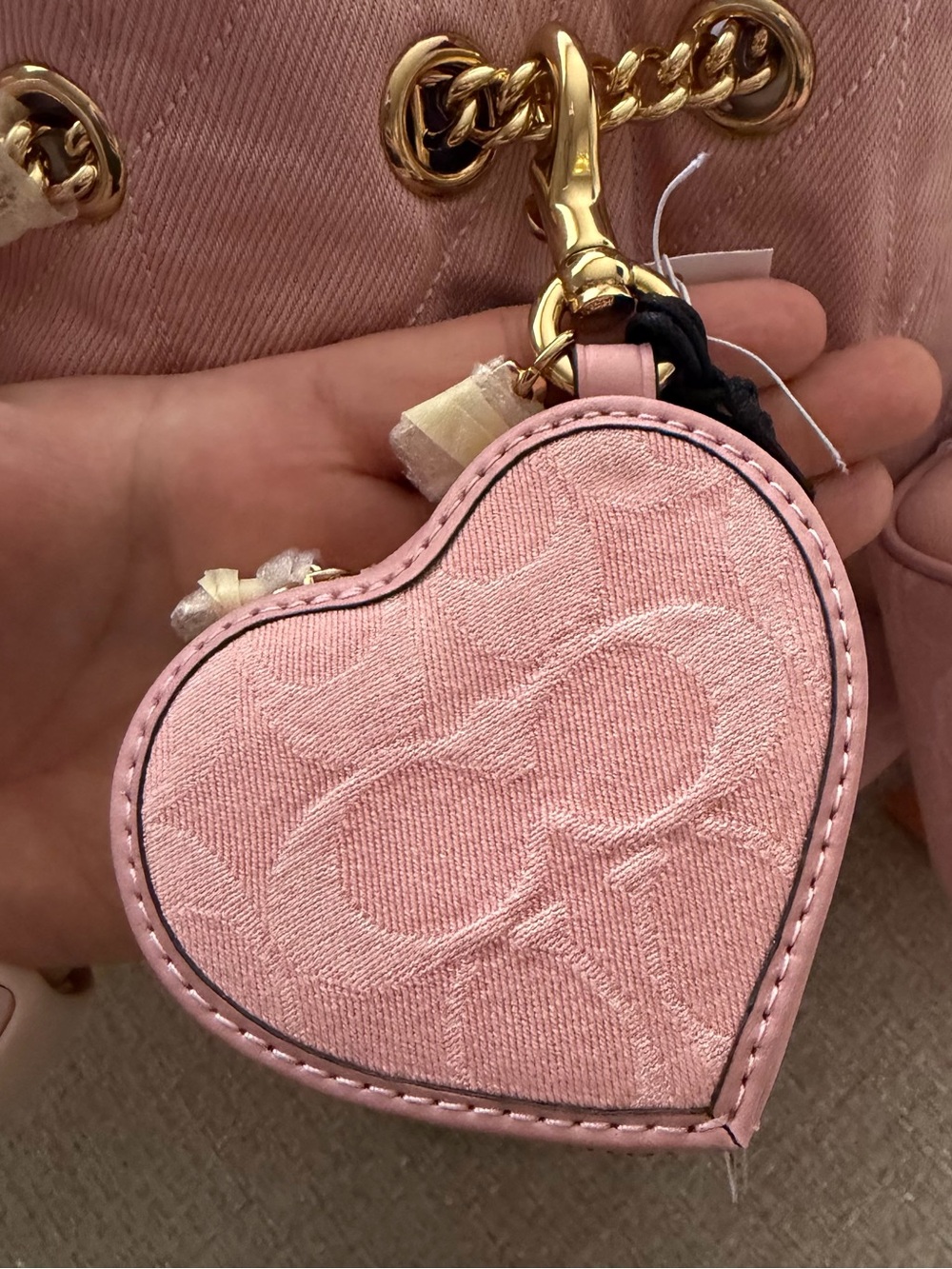 Coach Pink Denim Heart Charm Keychain Bag